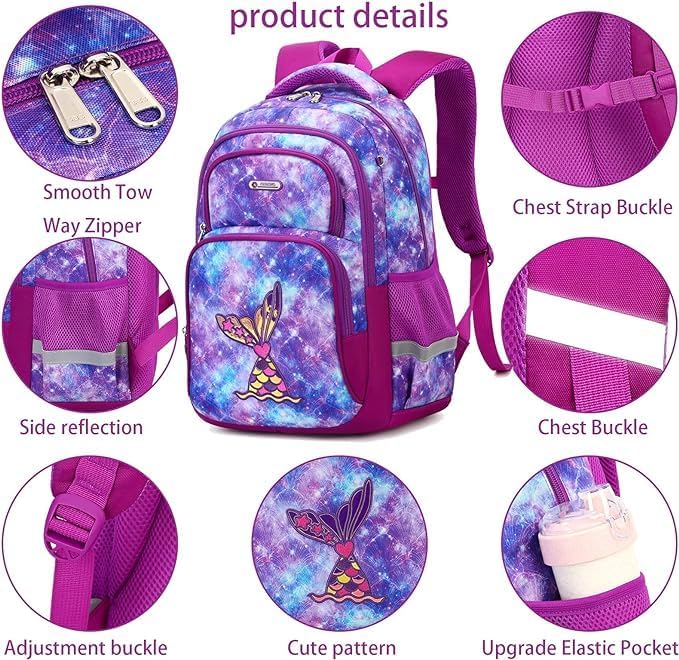 Cusangel Purple Mermaid 3pcs Set with Lunch Box Pencil Case,Multi Compartment Backpack, Dinosaur Backpack Chest Strap Side Pockets 16 Inch