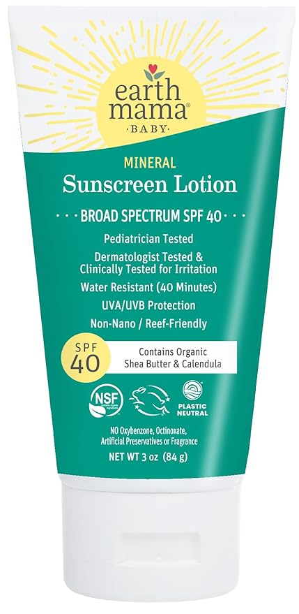 Earth Mama Baby Mineral Sunscreen Lotion SPF 40 | Non-Nano Zinc, Natural Water Resistant Sun Cream for Babies, Kids & Adults, 3-Ounce
