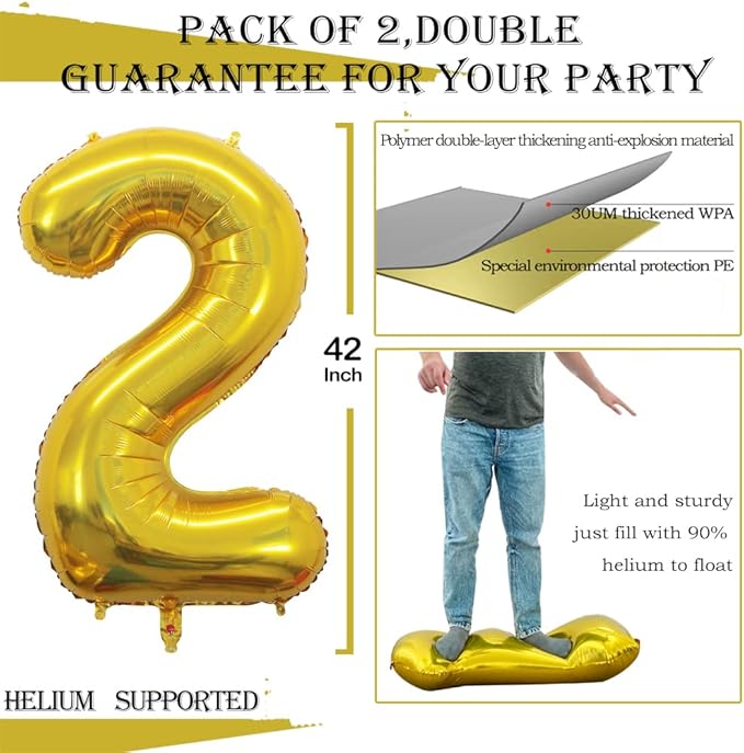 GOER Gold Foil Balloons Number 2,Huge Number Balloons for 2nd Birthday Party Supplies Anniversary Decorations(3 pcs,42 inch,32 inch,16inch)