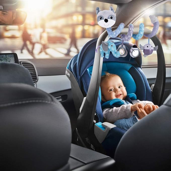 Car Seat Toys, Baby Plush Spiral Hanging Toys for Stroller Crib Bar Bassinet Car Seat Mobile with Musical Owl BB Squeaker Elephant- Gray Fox