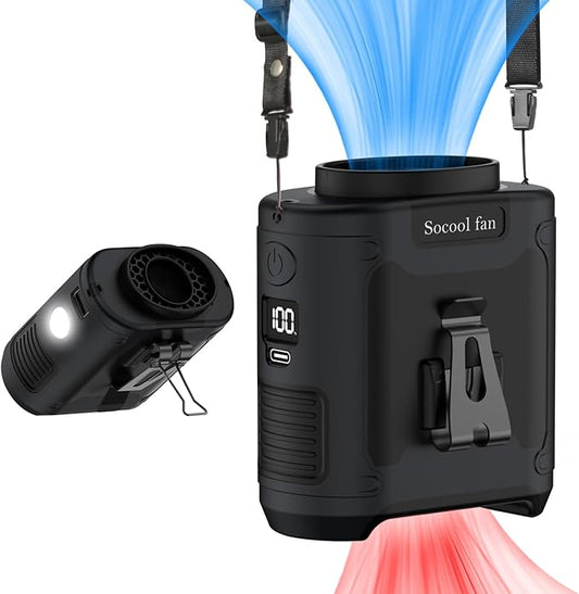 Socool 10000mAh Portable Waist Fan Clip on Wearable Belt Personal Fan Rechargeable Battery Operated With 5 Speeds & Flashlight Neck Hands-Free 40H Cooling For Outdoor Travel Camping Power Bank (Black)