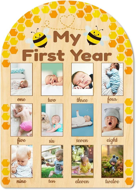 ORIGACH My First Year Baby Growth Photo Display Wood Board - 12 Months Newborn Milestones Photo Board - Neutral Baby Keepsake Board 1st Birthday Party Nursery Decor New Mom Gift - Bee