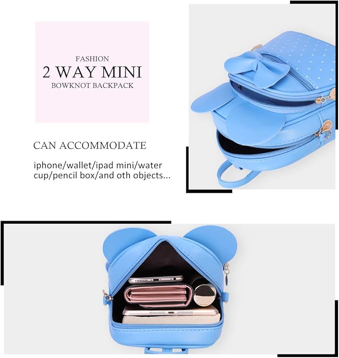 KL928 Girls Bowknot Polka Dot Cute Mini Backpack Small Daypacks Convertible Shoulder Bag Purse for Women