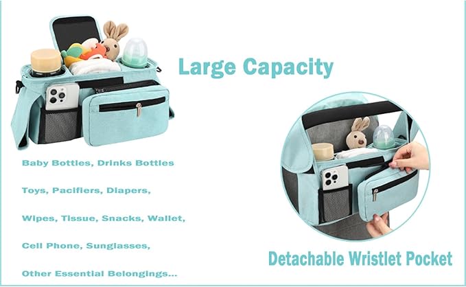 Universal Stroller Organizer with Insulated Cup Holder, Detachable Phone Bag, Shoulder Strap – Fits All Stroller Types, Keeps Drinks Hot/Cold (Blue)