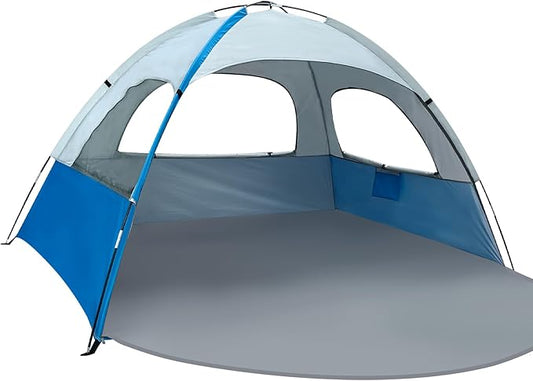 NXONE Beach Tent Sun Shade Shelter for 3/4/6 Person Person with UV Protection, Extended Floor, 3 Mesh Roll Up Windows & 8.0/8.5mm Fiberglass Rods丨Carry Bag Included