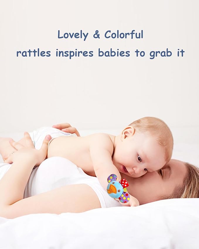 BLOOBLOOMAX Baby Soft Hanging and Wrist Rattle Toy, Car Seat Stroller Toys with Plush Animal C-Clip Ring for Infant Babies Boys and Girls 3 to 12 Months (12PCS-G)