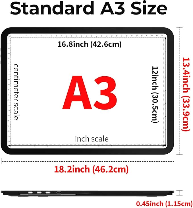 Zocelight Rechargeable A3 Light Board with Built-in Stand,Super Bright Magnetic Light Box for Tracing,Wireless Light Pad for Diamond Painting,Side Buttons,5000mAH Battery,LED Light Table for Drawing