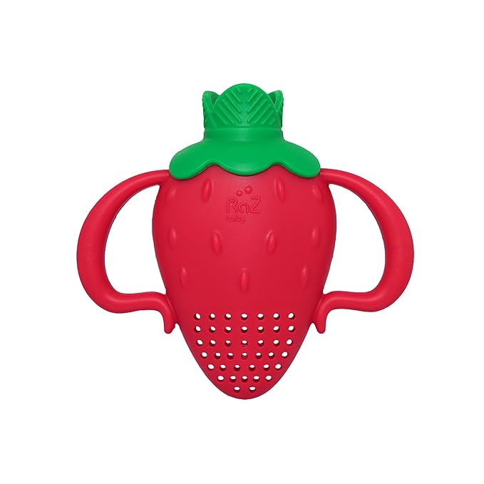 RaZbaby Fruitique Fruit Feeder One-Piece Baby – Larger Opening for Refilling & Fits More Fresh/Frozen Fruit for Teething Relief, Easy to Hold, Safer Design, BPA-Free, Dishwasher Safe - Strawberry