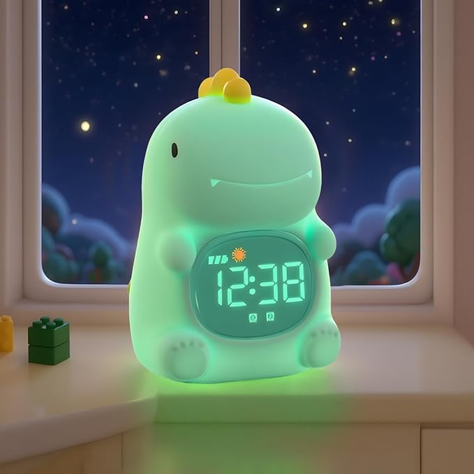 TCJJ Kids Sleep Training Alarm Clock with Night Light - OK to Wake Clock & Sound Machine, Rechargeable Silicone Animal Lamp for Boys Girls Bedroom (Dinosaurs)