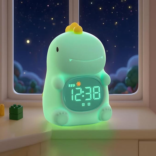 TCJJ Kids Sleep Training Alarm Clock with Night Light - OK to Wake Clock & Sound Machine, Rechargeable Silicone Animal Lamp for Boys Girls Bedroom (Dinosaurs)