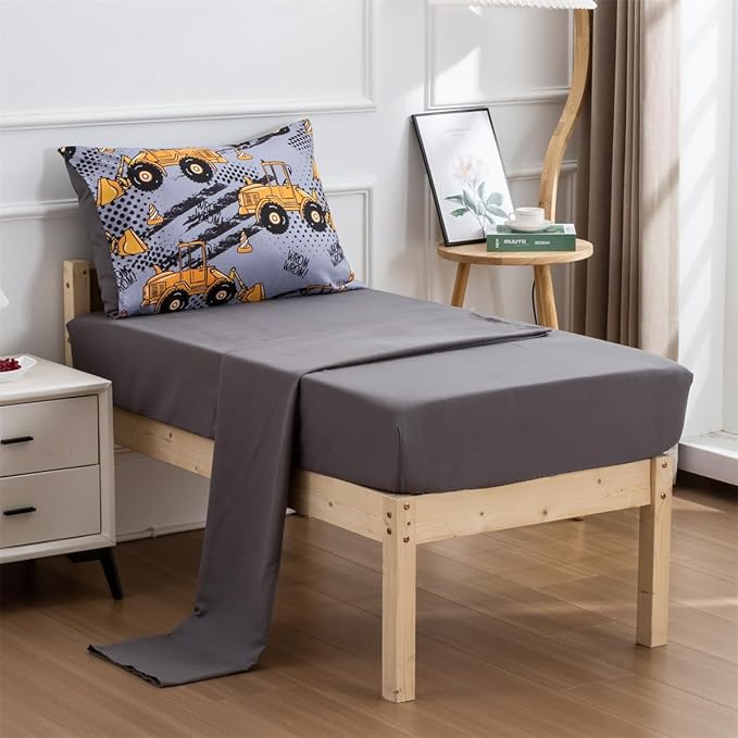 NTBED 4 Pieces Construction Toddler Bedding Set for Baby Boys, Excavator Truck Vehicles Cars Printed, Includes Comforter, Flat Sheet, Fitted Sheet and Pillowcase,Grey