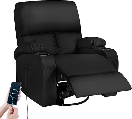 Rocking Recliner Chair, Massage Rocker Recliner Chair with Vibration Massage and Heat, USB and Type-C Ports,360° Swivel Faux Leather Chairs, Living Room, Bedroom, Nursery, RV, Black