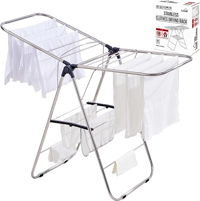TRES BELLE 25NEW Stainless Steel Clothes Drying Rack(M)–Foldable,Lightweight,No-Slip Rods,Made in Korea,Indoor & Outdoor Use,Rust-Resistant,Towels,Underwear,Baby Clothes Drying–M Sizes