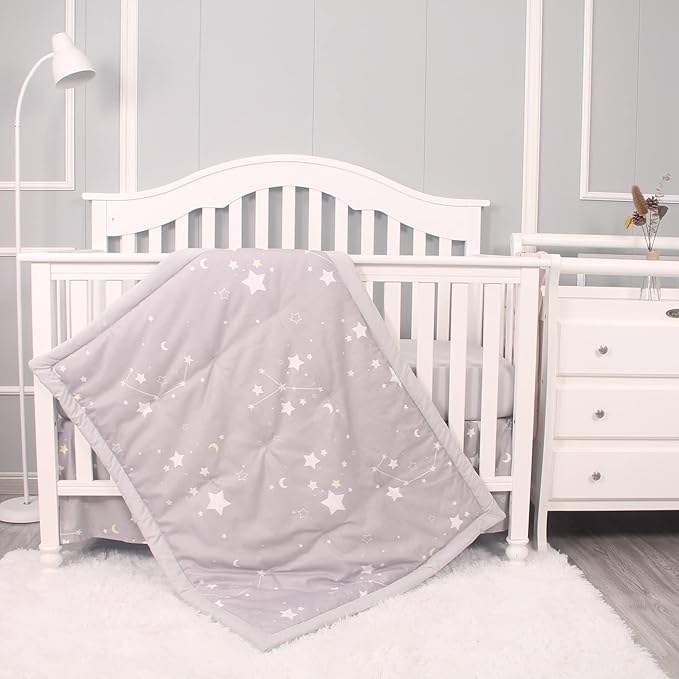 Belsden 3 Piece Crib Bedding Set for Baby Boys Girls, Classic Nursery Bedding Essential Including Comforter, Crib Sheet and Crib Skirt, Ultra Soft Cozy, Star Light Grey