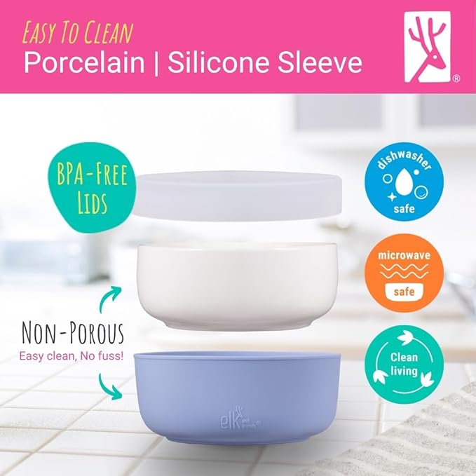 Elk and Friends Kids Porcelain Bowls with Silicone Sleeve + Silicone Lid | Kids/Toddler/Baby Feeding | Microwave & Dishwasher Safe | Non slip | Cereal/Soup/Snack Dishes & Dinnerware