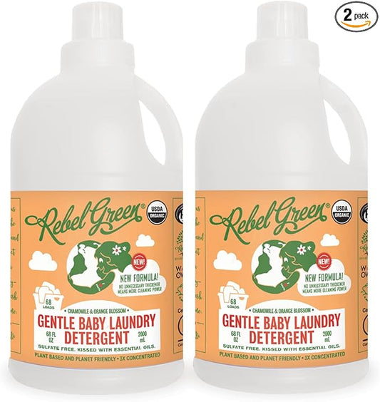 Rebel Green Organic Baby Laundry Detergent - Natural Laundry Soap - Liquid Laundry Detergent - Gentle Laundry Detergent - Chamomile & Orange Blossom Scent - (68 Load Bottles, 2 Pack)