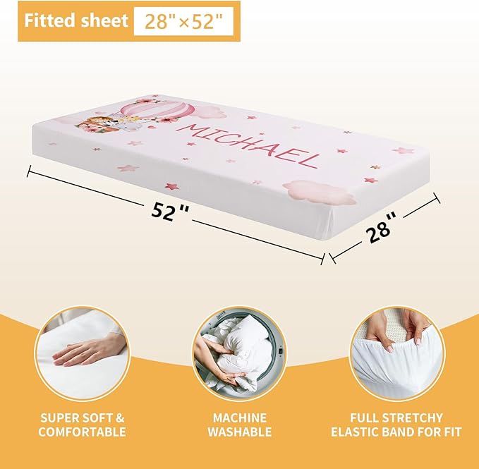 Personalized Baby Bedding Set, 5 Pcs Custom Infants Bedding Set with Infant Name, Double Layer Crib Set for Boys Girls, Customized Gifts for Nursery Toddlers Baby Shower, Hot Air Balloon Animal