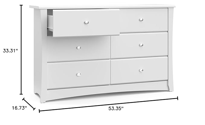 Storkcraft Crescent 6 Drawer Double Dresser (White) – GREENGUARD Gold Certified, Nursery Dresser for Kids Bedroom