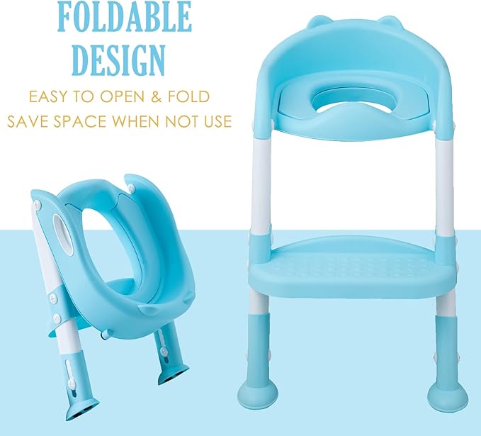 Potty Training Toilet Chair Seat with Step Stool Ladder for Kids and Toddler Boys Girls - Foldable Height Adjustable Children Toilet Training Seat with Safe Handles & Anti-Slip Pads, Blue-White