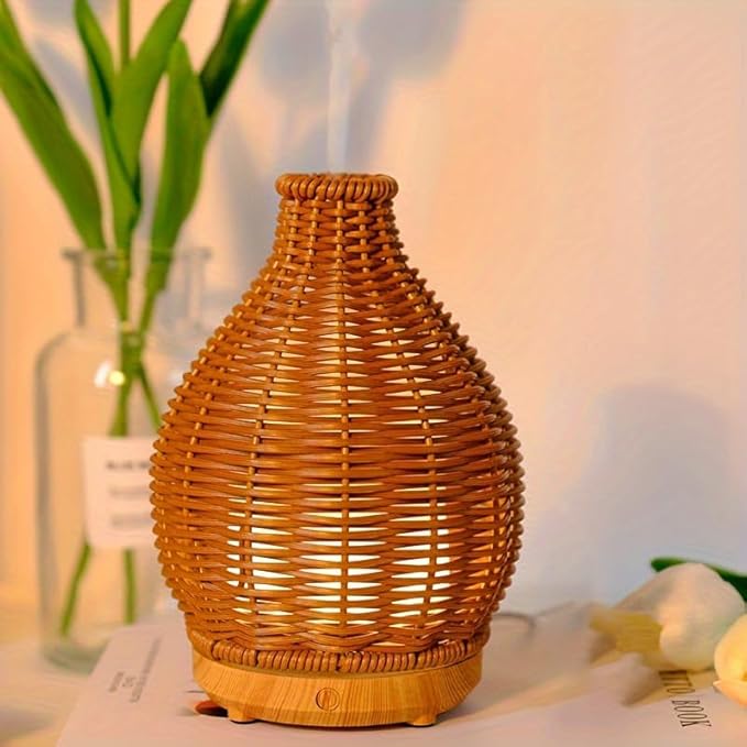 Aromatherapy Essential Oil Diffuser Rattan Woven Aroma Diffuser with Warm Light 80ML Cool Mist Humidifier Waterless Auto Shut-off for Home,Baby Bedroom,Office