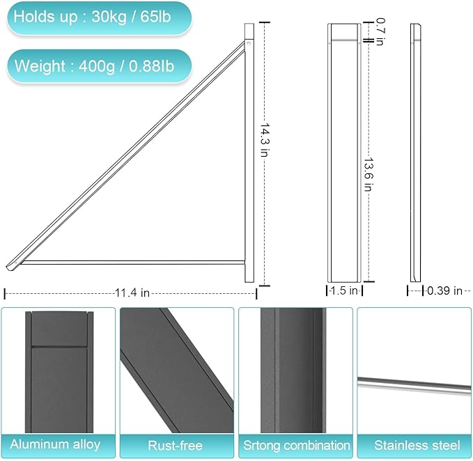 Wall Mounted Drying Rack - No Drill Installation, Space Saving Foldable Clothes Rack for Laundry Room, Dorm, Apartment,RV, Closet. Heavy Duty & Rustproof Aluminum Alloy (Gray)