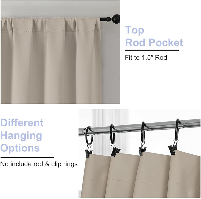 Simplebrand Ava Stone Blackout Curtains for Bedroom 63 Inch Length 2 Panels Set, Solid Thermal Insulated Energy Saving Rod Pocket Window Treatment Curtains Blackout Drapes, W40 x L63 Inch, Stone