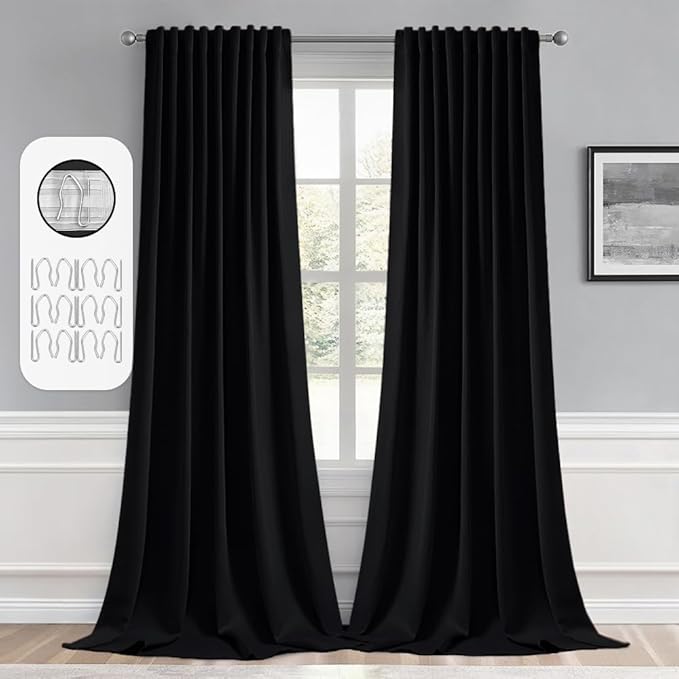 MIULEE Back Tab Blackout Curtains 92 Inch Long 2 Panels Set for Living Room Bedroom, Halloween Black Rod Pocket/Pinch Pleated Thermal Insulated Room Darkening Light Blocking Floor to Ceiling Drapes
