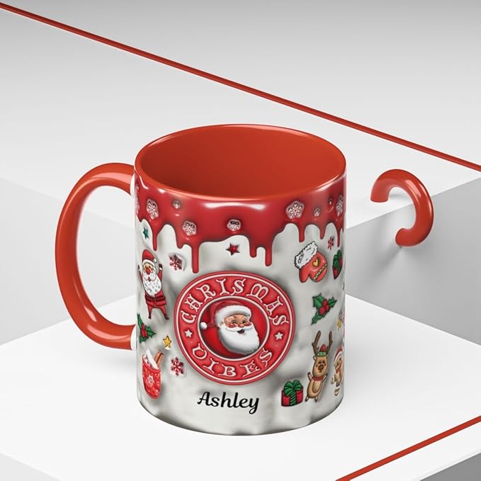 Personalized 3D Effect Christmas Accent Mugs with Names, Santa Claus Coffee Mug, Custom Reindeer Mug Christmas Gifts For Women Men Friends Sister Mom Family Xmas Mug 11 or 15 Oz