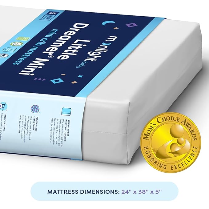 Moonlight Slumber Little Dreamer Mini Crib Mattress - Dual-Sided, 2-Stage Baby and Toddler Mattress with Plush and Extra Firm Layers and Waterproof Cover - 38"x 24"x 5"