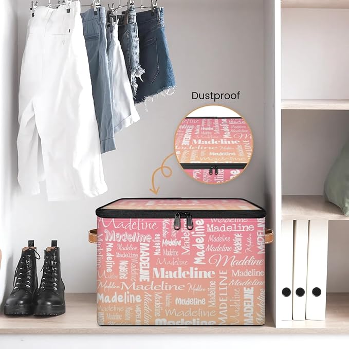 Custom Storage Basket with Name, Personalized Storage Bins with Zipper Lid, Foldable Fabric Storage Box Large capacity with Handle Pink Apricot