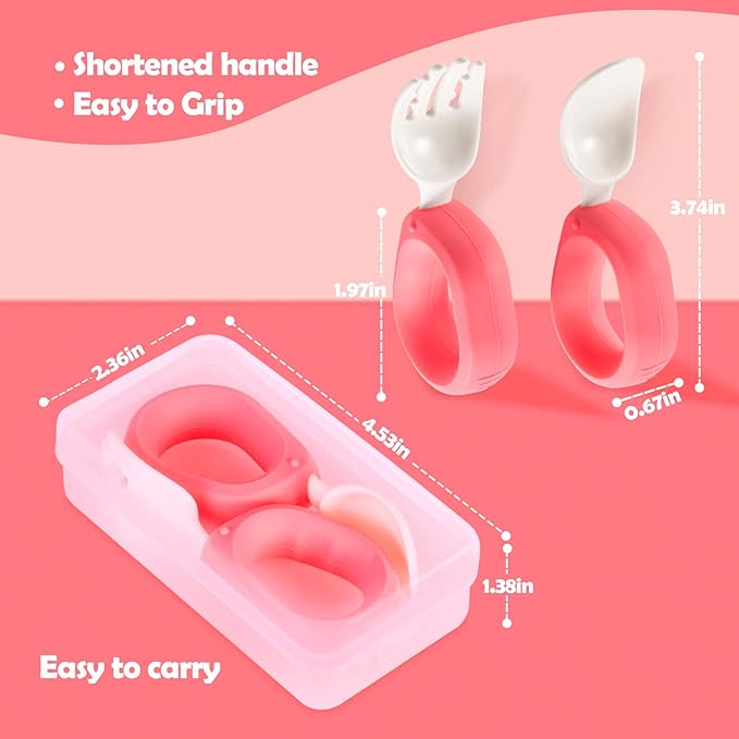 Training Spoon & Fork with Travel Case Pink | Toddler Self Feeding Utensil Set, BPA-Free Cute Circle Silicone ABS Spoons Set for Baby Led Weaning