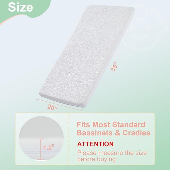 ANGELBLISS Bassinet Mattress Topper, Gel Memory Foam Mattress with Removable Cover Fit for AMKE Bassinet (35" x 20"), Bellababy, Evolur Stellar and Yamesmile Bassinets, Waterproof Soft Mattress