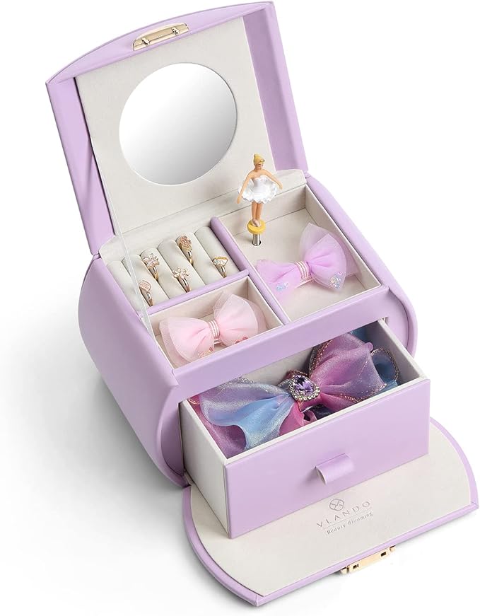 Vlando Musical Jewelry Box with Spinning Ballerina, Lockable Girls’ Jewelry Organizer for Necklaces Rings and Hair Accessories, Gift for Girls and Kids, Purple
