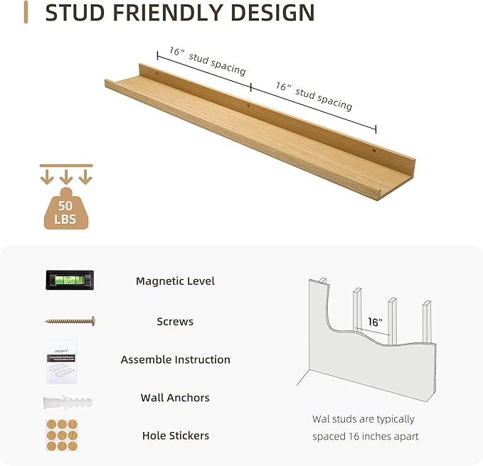 Picture Ledge Shelf, Wood Floating Shelves Set of 2, 36 inch Picture Ledge Shelves, Photo Ledge Nursery Book Shelves Wall Mounted for Living Room Kids' Room Bedroom, Color Oak