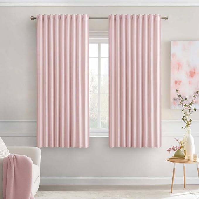 MIULEE Baby Pink Back Tab Blackout Curtains 63 Inch Length 2 Panels Set for Living Room Bedroom Privacy, Rod Pocket/Pinch Pleat Thermal Insulated Room Darkening Pleated Light Blocking Drapes
