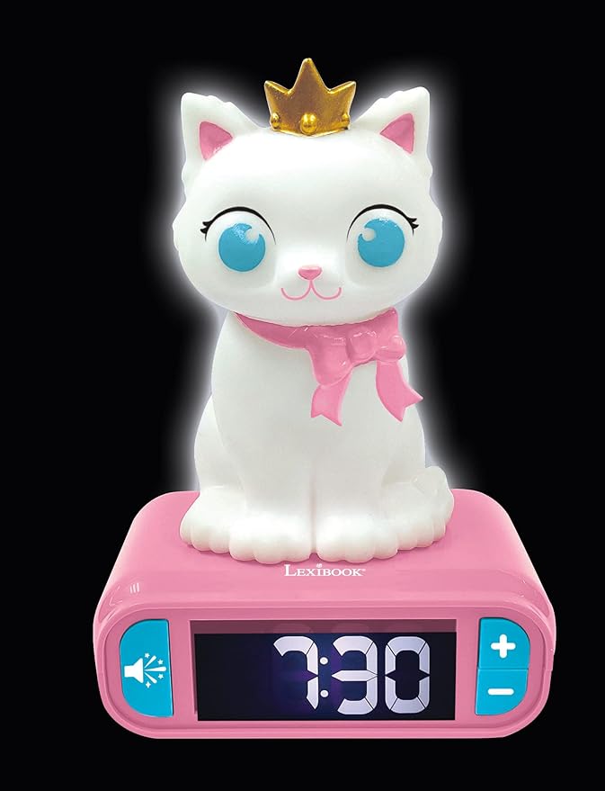LEXiBOOK - Kitten Digital Alarm Clock for Kids with Night Light Snooze, Childrens Clock, Luminous Cat, White and Pink Colours - RL800KT
