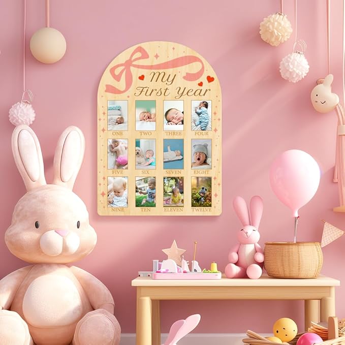 ORIGACH My First Year Baby Growth Photo Display Wood Board - 12 Months Newborn Milestones Photo Board - Neutral Baby Keepsake Frame 1st Birthday Party Nursery Decor New Mom Gift - Bow & Heart