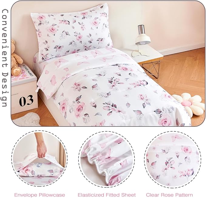 PERFEMET Floral Toddler Bedding 4-Piece Pink Flower Toddler Girls Comforter with Sheet Set Reversible Butterfly Crib Bed Sets-Comforter, Fitted Sheet,Flat Sheet,Pillowcase