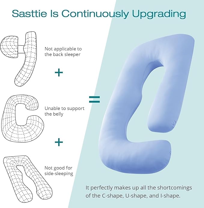 Sasttie Pregnancy Pillows for Sleeping, Jumbo U Shaped Cooling Full Body Pillow with Removable Cover, Pregnant Women Must Haves, Maternity Essential, Light Blue