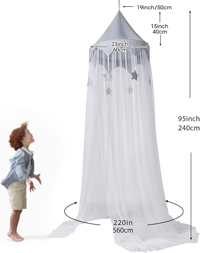 Canopy for Kids Bed with Stars, Crib Canopy with Dome, Elegant Net Hanging Fairy Girl Bed Canopy Princess Room Decoration Reading Nook Corner Curtain Fits Full Crib, Twin, Queen Play Castle Tent