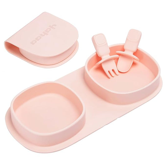 Silicone Foldable Novelty Dinner Plates,Baby Plates Travel Essential with Forks and Spoons,Microwave & Dishwasher Safe,Blush
