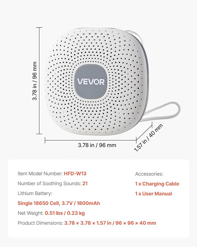 VEVOR Sound Machine, 21 Soothing Sleep Sounds, 3-in-1 Portable and Hangable White Noise Sound Machine with Auto-Off Timer, Soft Ring Light and Memory Function, for Baby, Adults, Home, Office & Travel