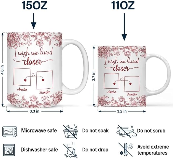 Personalized Mug - Chinoiserie Toile I Wish We Lived Closer - Trendy France-China Inspired Design - Christmas Birthday Gift for Girl Friends Besties BFF Best Friend Wildflower Floral Frame