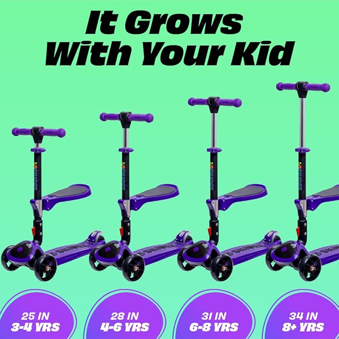 SKIDEE Kick Scooters for Kids Ages 3-5, Adjustable Height Foldable Scooter with Removable Seat, 3 LED Light Wheels, Rear Brake, Wide Standing Board, Suitable Up to 12 Year Old Boys/Girls