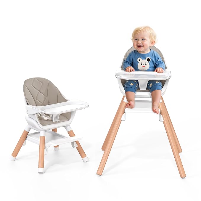 Baby High Chair, Highchair for Baby & Toddler, Easy Clean Infant Highchair, 6 in 1 Feeding High Chair with Removable Double Tray and Waterproof PU Cushion, Wooden Legs, Champagne