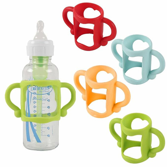 TonGass (4-Pack) Bottle Handles for Dr Brown Narrow Baby Bottles with Easy Grip Handles to Hold Their Own Bottle - BPA-Free Soft Silicone - Red Orange Blue and Green