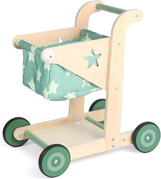 Asweets 2 in 1 Wooden Baby Walker Push and Pull Doll Stroller, Shopping Cart Learning Walker for Boys and Girls, Sit Stand Learning Toddler Toy (Green)