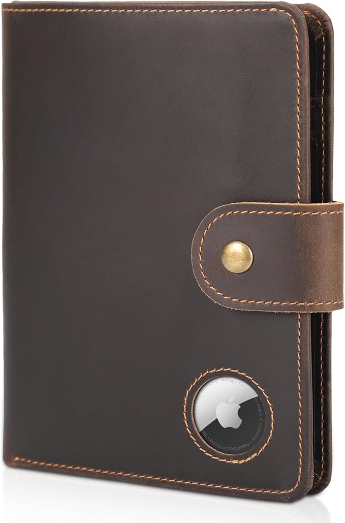 Polare Luxury RFID Blocking Leather Passport Holder Travel Wallet For Men and Women (Dark Brown with AirTag Slot(Snap Version))