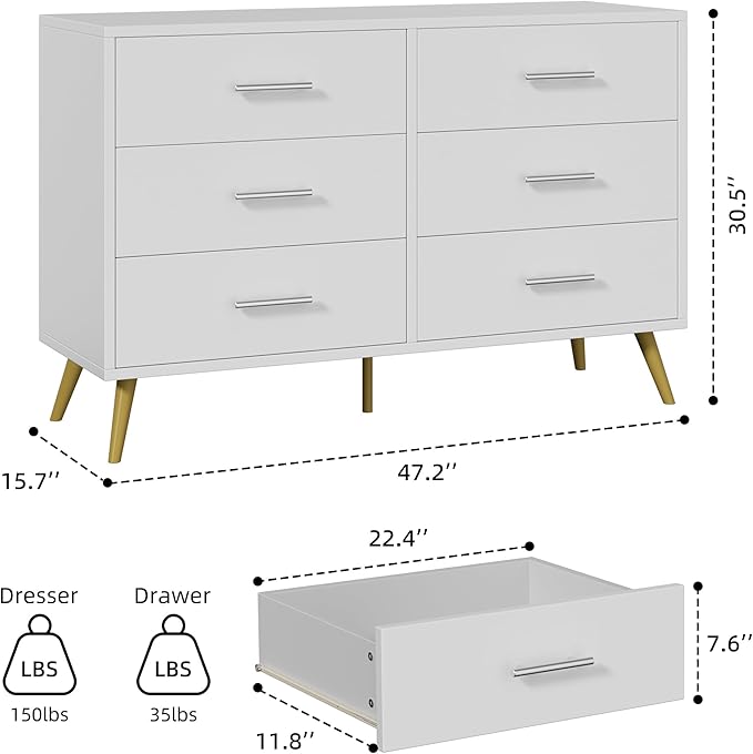 Shintenchi 6 Drawer Dresser, Wide Chest of Drawers Organizer Storage with Drawers, Large Storage Cabinet, Modern Design Dresser for Bedroom, Living Room, Porch, White