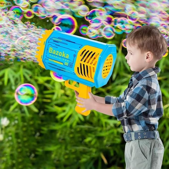 Bubble Gun Bazooka Machine with Solution - 69 Holes Blaster for Outdoor Summer Toy, Party Favors - Blue Bubble Maker Blowers for Kids